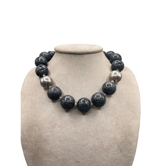 Big Chunky Lava Beads Necklace Round Black Beads Oversized Statement Necklace - Picture 1 of 7